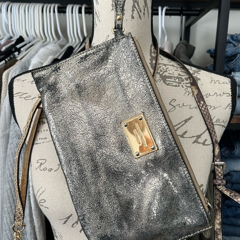 Michael Kors Silver Clutch with Textured Finish and Gold Hardware
